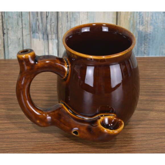 Wake and Bake Mug Pipe Ceramic Smoking Coffee Cup Brown Rustic Design - Picture 6 of 9